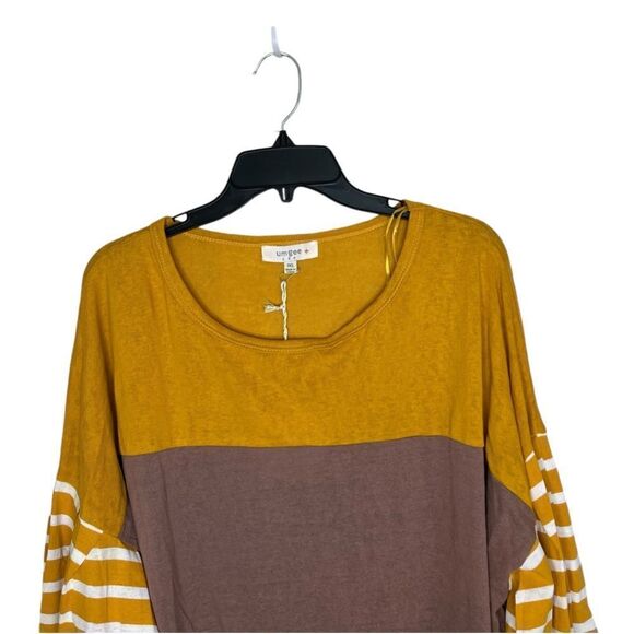 Umgee Yellow/Brown/Gray Long Puff Sleeve Color-block Striped Top 1XL - Picture 4 of 11